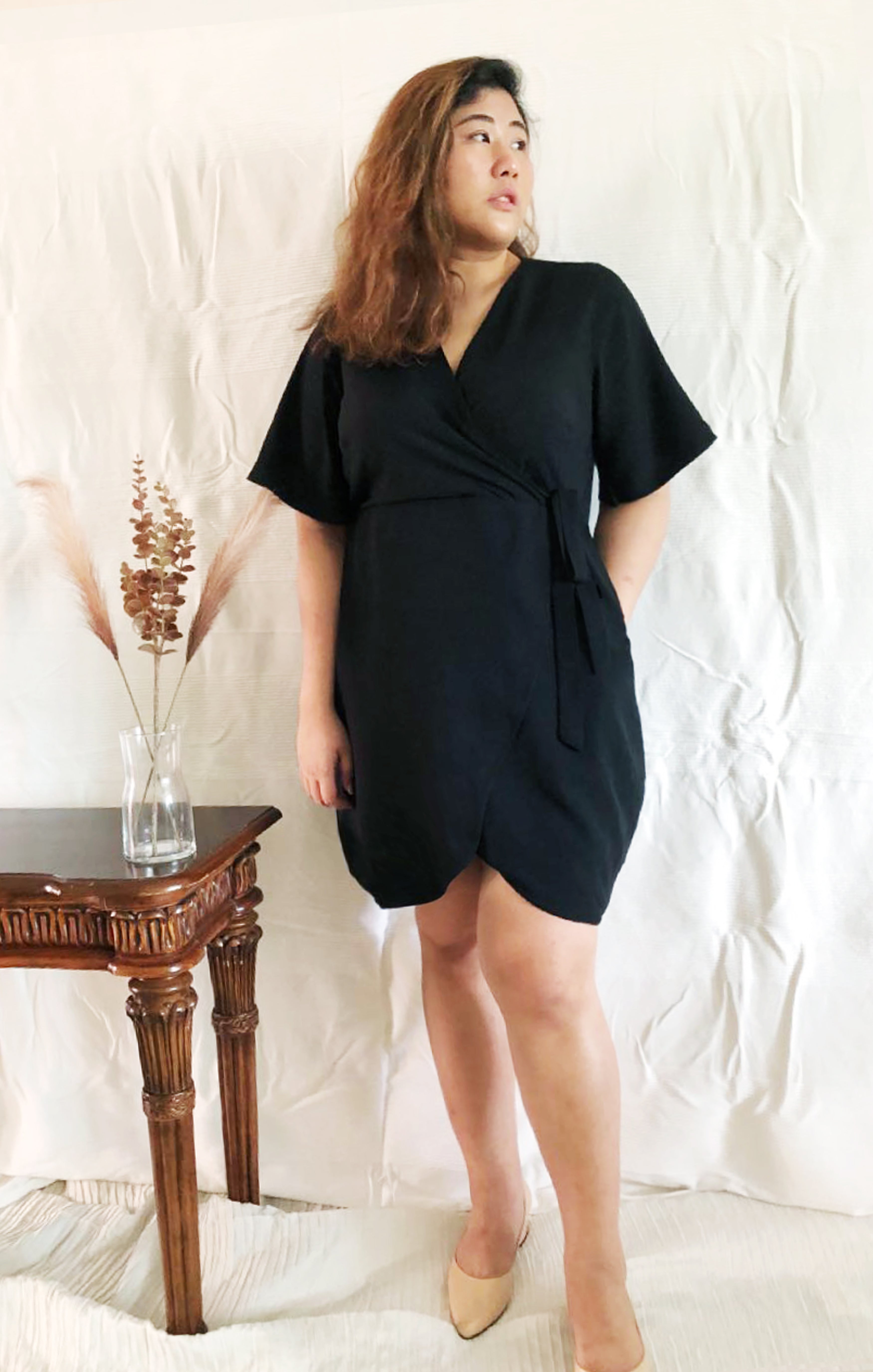 Plus Size Wrap Mini Dress in Black