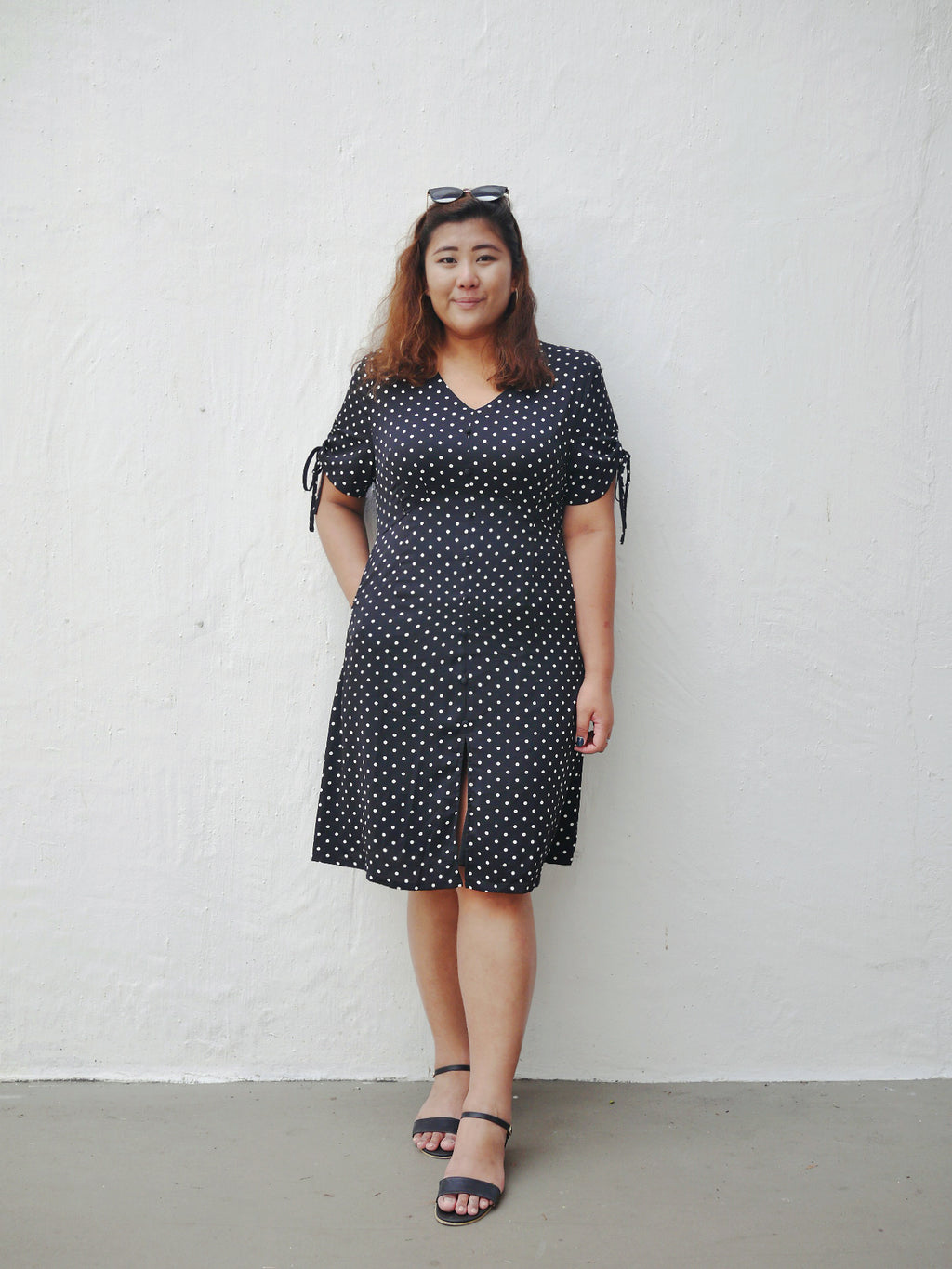 Plus Size Empire Cut Midi Dress in Polka Dot Print